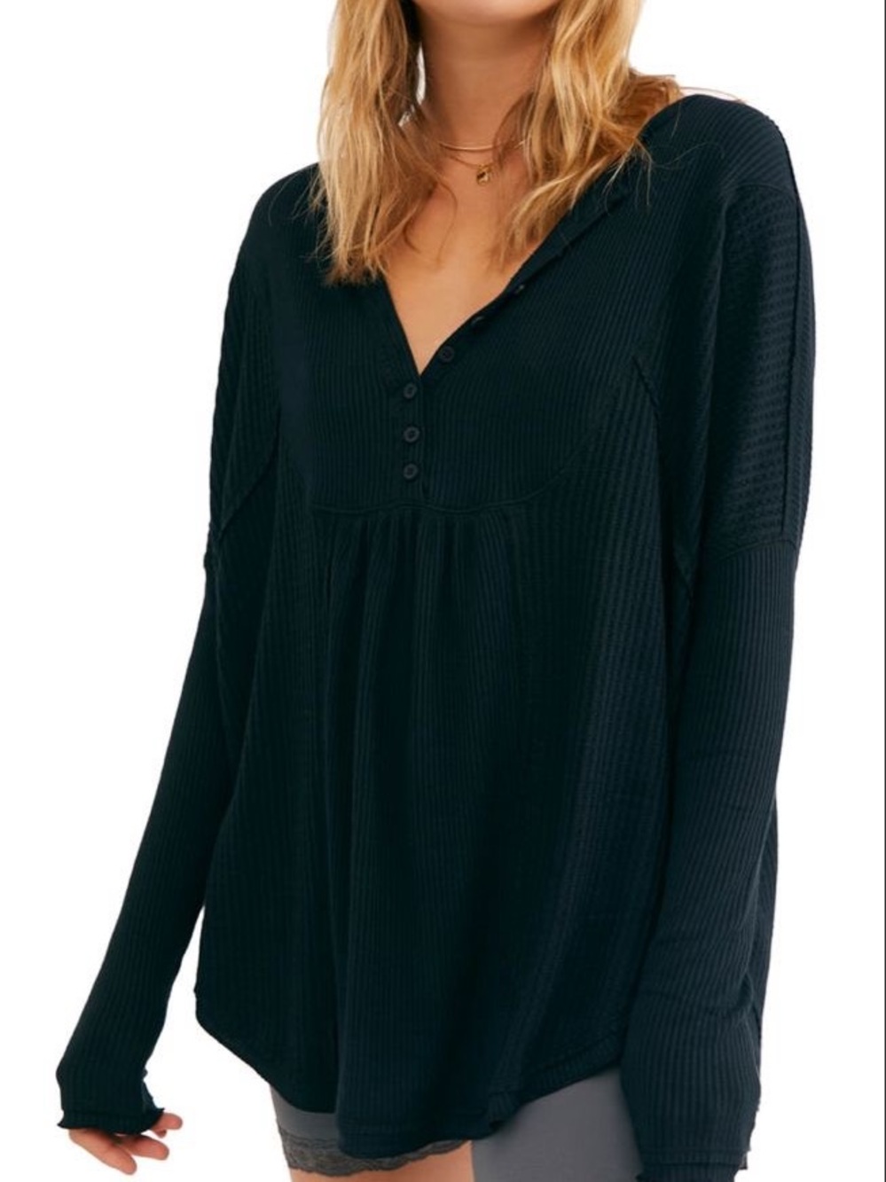 Free People Black Oversized Waffle Henley Long Sleeve Top